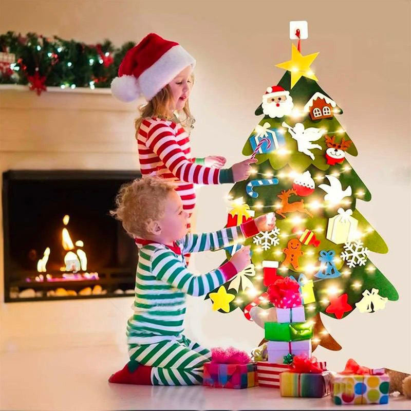 GoolRC Weihnachtsbaum aus Filz mit LED-Lichterkette und 33 hängenden Ornamenten in Grün und Mehrfarbig für Kinder und Dekoration - Bild 2