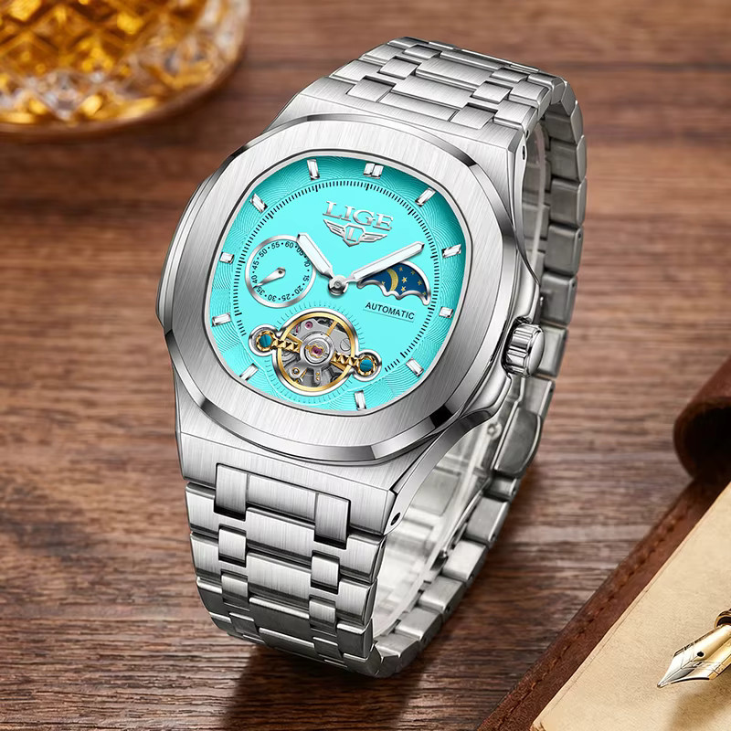 LIGE Armbanduhr, Automatik, Edelstahl, eckig, Herren, Silber, Blau - Bild 3