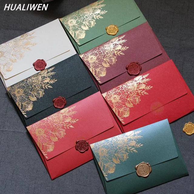 10er Paket HUALIWEN Perlen Papier Umschläge mit europäischem Bronzing Muster für Hochzeits-Einladungen und Geschenke in Schwarz und Mehrfarbig - Bild 1