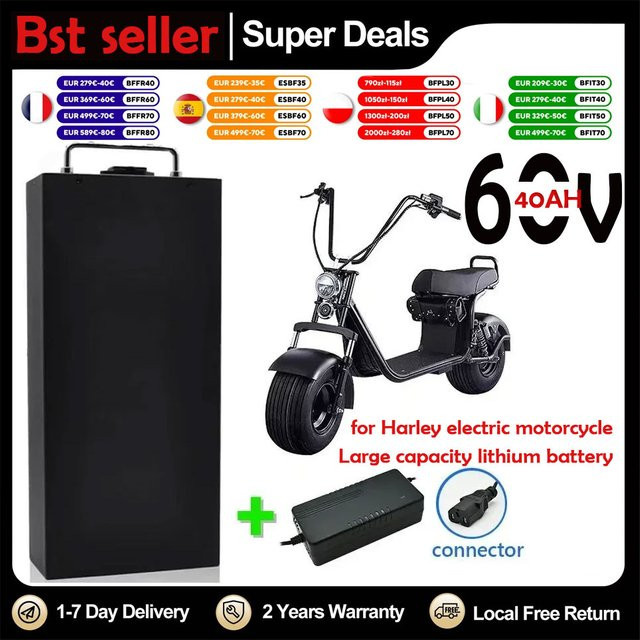 Ddadache Li-Ion Akku 60V 40Ah für 2000W Harley Citycoco Elektroroller, Schwarz - Bild 1