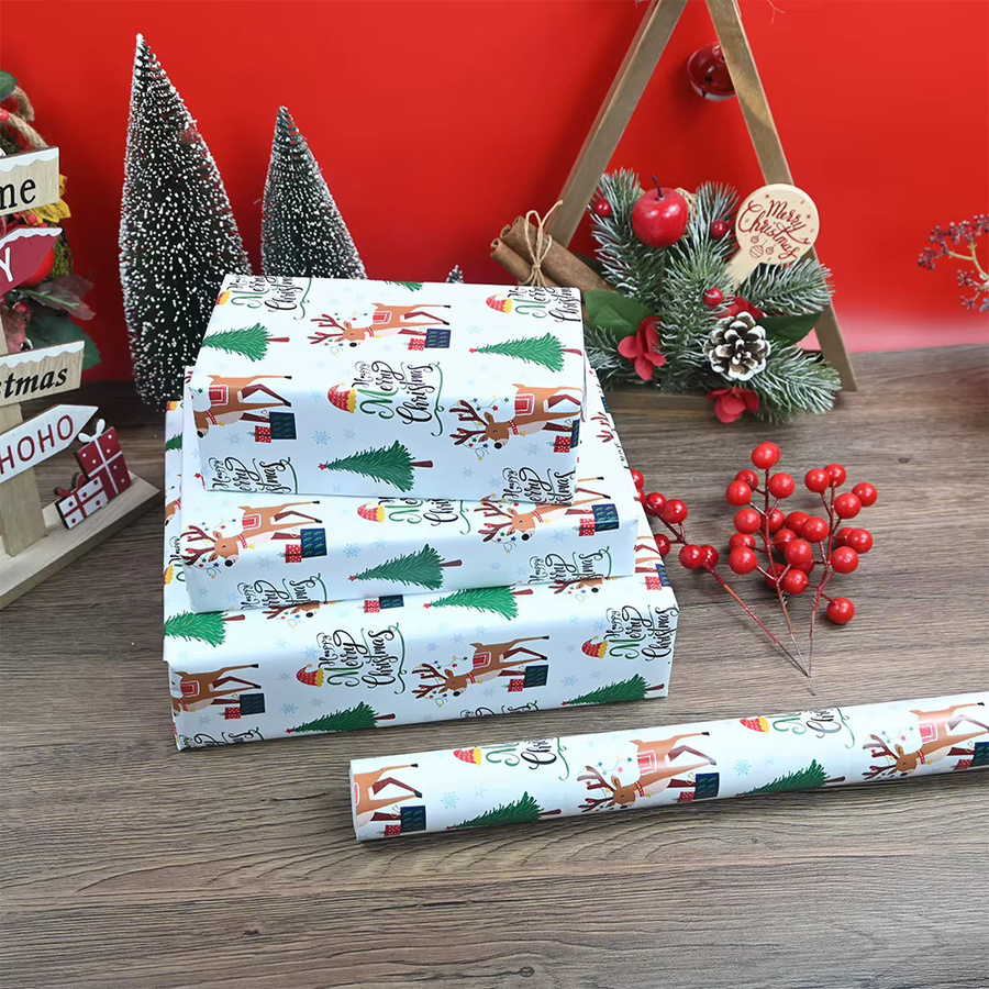 Weißes Weihnachts-Kraftpapier mit Rentier- und Baum-Design, 1 Rolle, 5,2 m x 0,5 m - Bild 2