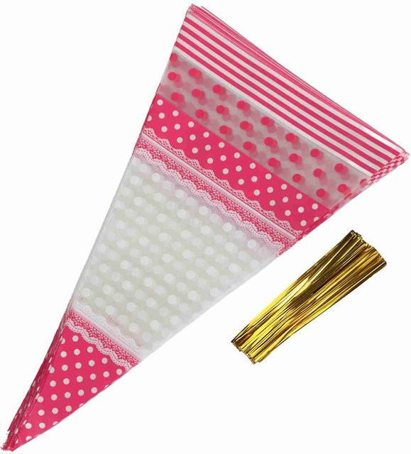 50 Stück TOMTOP JMS transparente kegelförmige Popcorntüten aus Cellophan mit Drehverschluss für Süßigkeiten und Hochzeiten in Gold und Pink - Bild 1