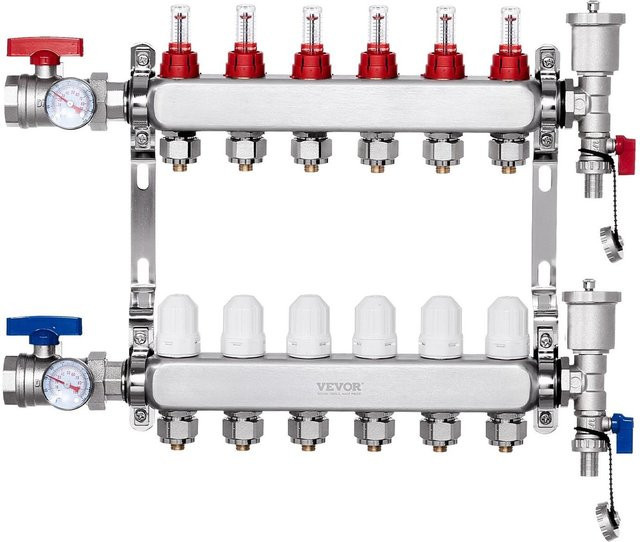 Buying Solutions MB 6-fach Fußbodenheizungsverteiler-Set aus Edelstahl in Silber für PEX-Rohre 1/2 Zoll - Bild 1