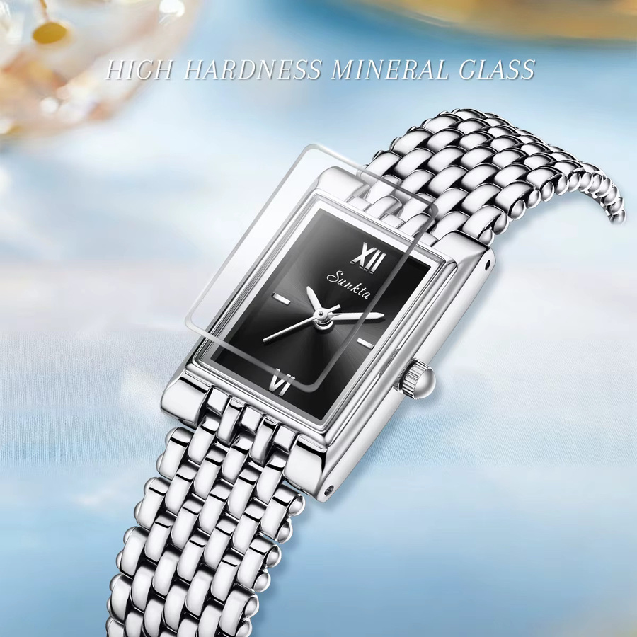 SUNKTA Armbanduhr, Quarz, Edelstahl, Eckig, Schwarz, Damen - Bild 3