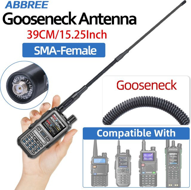 ABBREE AR-166 Schwanenhals Walkie Talkie Antenne mit SMA-Buchse, Dual Band UHF/VHF für Baofeng UV-5R, Mini UV21, Quansheng UV-K1 und Ham Radio, Schwarz - Bild 1