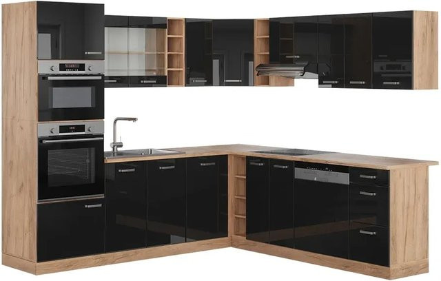 Vicco R-Line Eckküche in Schwarz Hochglanz und Goldkraft Eiche, B/T/H: 237 x 247 cm - Bild 1