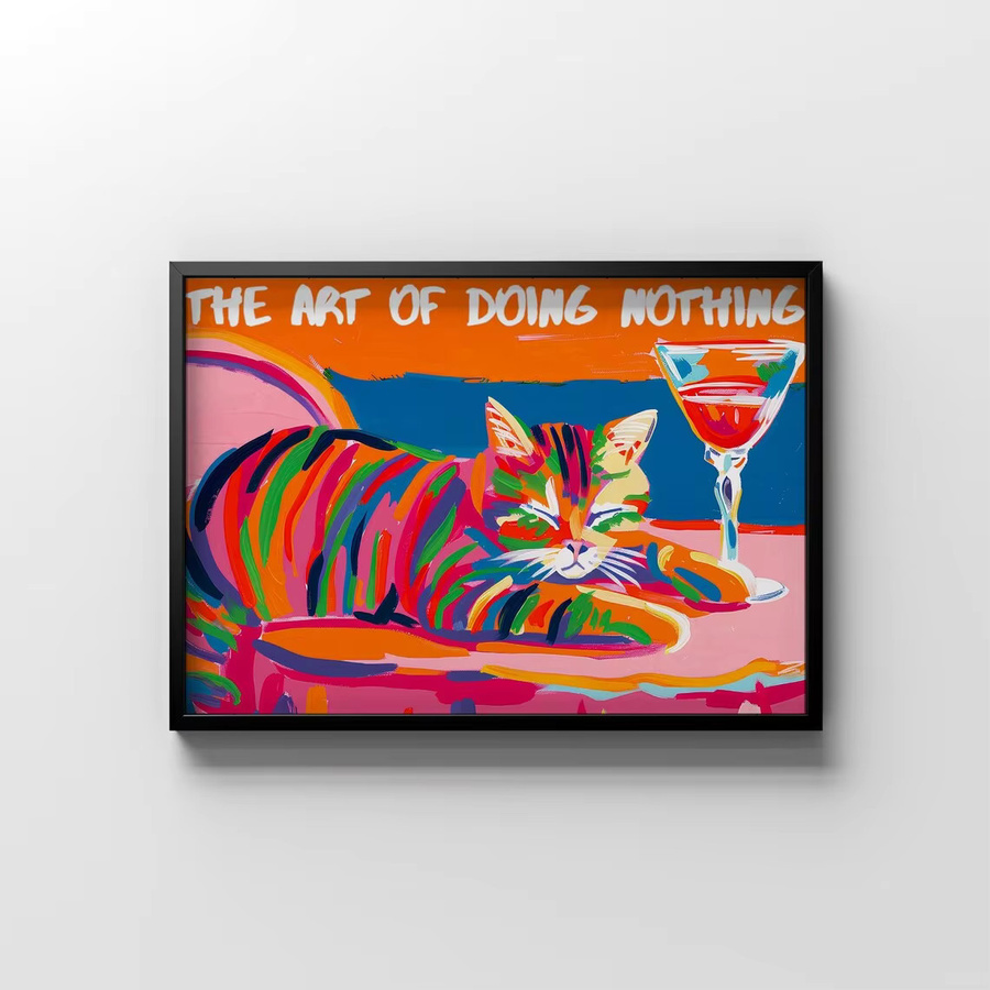 Pop Art Wandbild The Art of Doing Nothing mit bunter Katze und Martini, abstrakter Wall Art Print in Multicolor - Bild 4