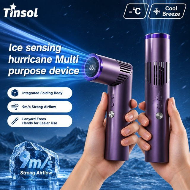 TINSOL Tragbarer Mini-Lüfter im Lippenstift-Design mit bürstenlosem Motor und digitaler Anzeige, faltbarer Nackenventilator, Weiß und Lila - Bild 1