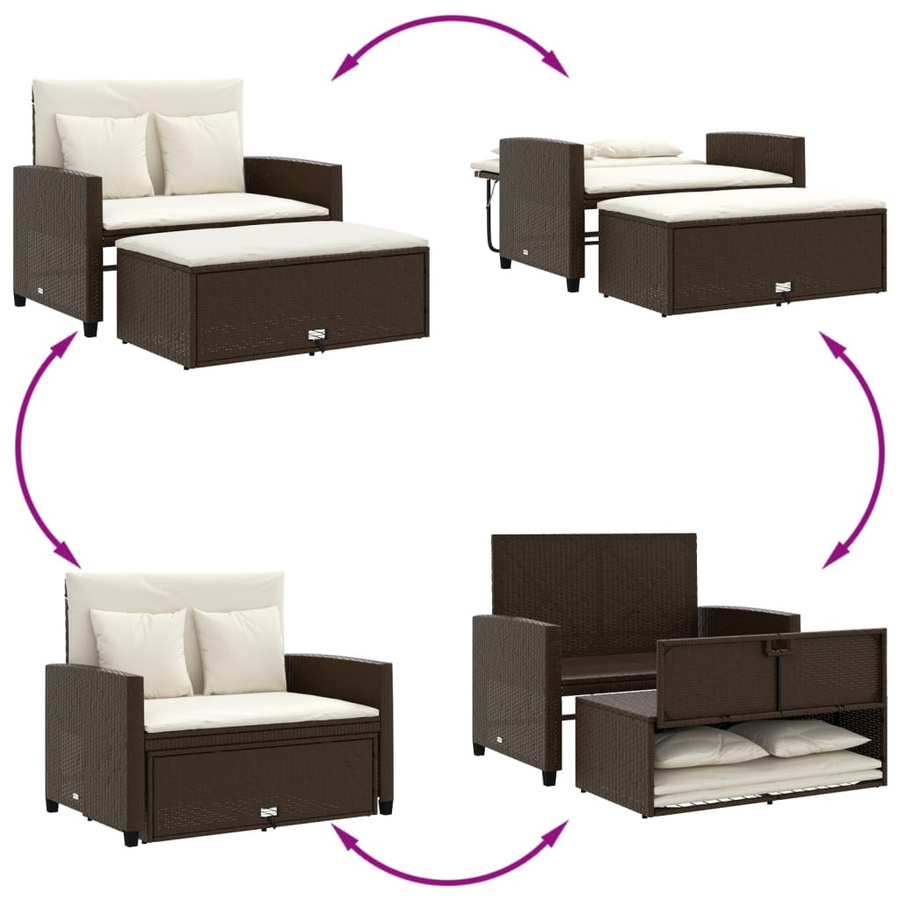 vidaXL Gartensofa als Schlafsofa aus Polyrattan mit Kissen in Braun und Cremeweiß - Bild 6
