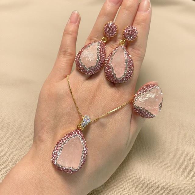 mutu Schmuckset, rosa Kristall, Halskette, Ohrring, Ring, Damen - Bild 1