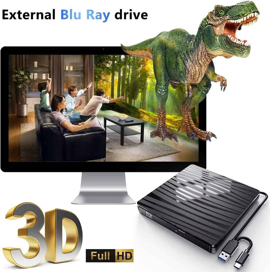 LJIAL Externes Blu-ray-Laufwerk mit USB 3.0, Tragbarer BD-RW-Brenner und DVD-CD-Player für Laptop und PC, Schwarz - Bild 3