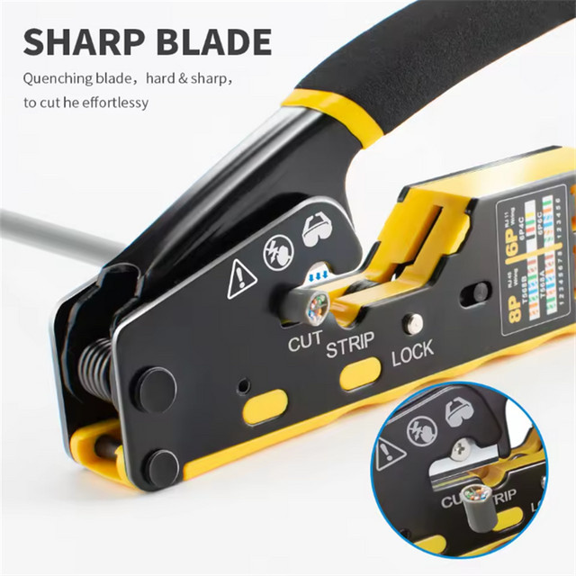 AOKIN RJ45 Netzwerk-Crimper 3-in-1 Crimp/Cut/Strip für LAN CAT8/7/6A/6/5E STP/UTP und RJ11/12 Tel Modularkabel in Gelb - Bild 1
