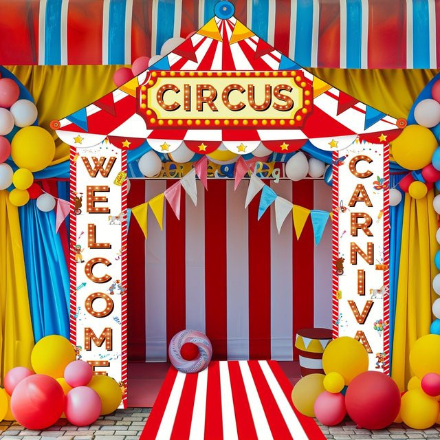 OURFETE Doppelseitiges Willkommensbanner Rot-Weiß Gestreift für Karneval, Zirkus und Kindergeburtstag - Bild 1
