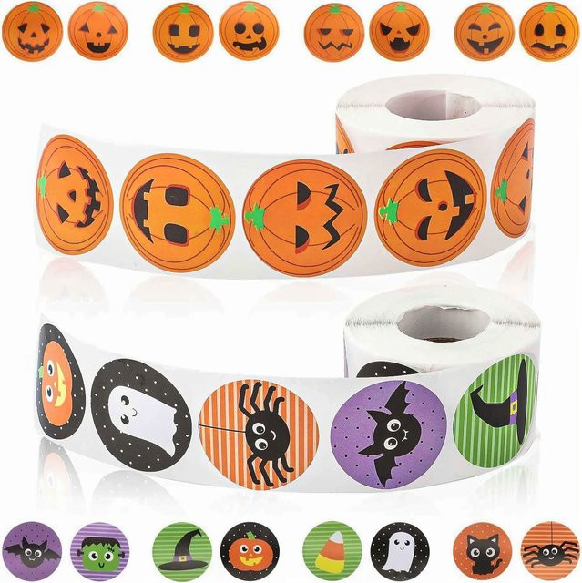 TYFYO Halloween Aufkleberrollen mit 500 runden Motiv-Aufklebern in Orange für deine Partydekoration mit Kürbis, Geist, Spinne, Fledermaus und Katze - Bild 1
