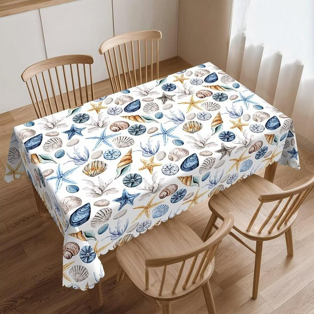 Rechteckige Tischdecke von JINGYUE Pet mit Sommer-Muschel- und Seestern-Motiv in Weiß, B/L: 100 x 160 cm - Bild 1