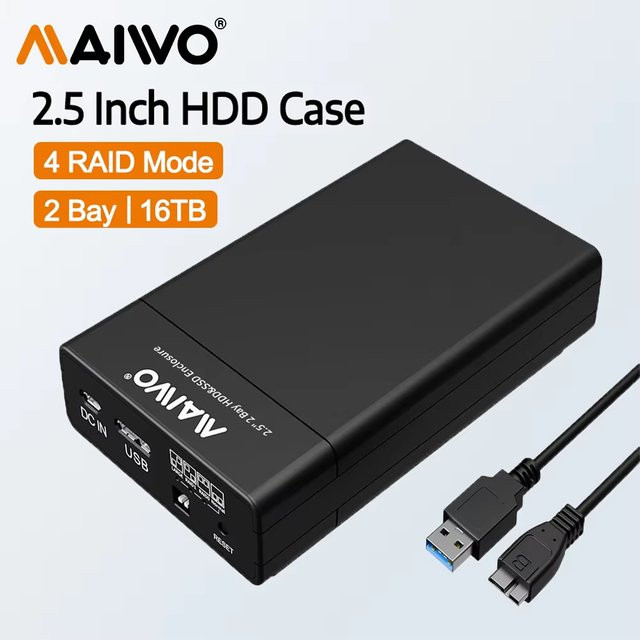 MAIWO Dual Bay RAID-Festplattengehäuse mit USB 3.0 für 2,5-Zoll-SATA-SSD/HDD, unterstützt UASP und 4 RAID-Modi, Schwarz - Bild 1