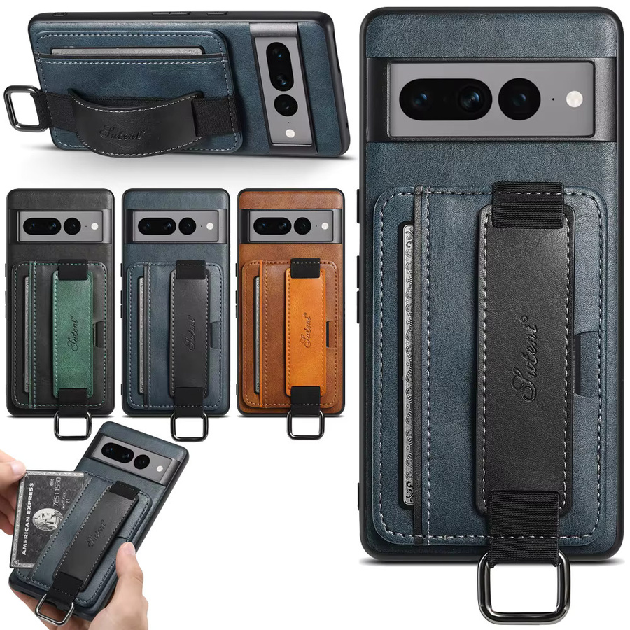 SUTENI Handyhülle aus Kunstleder mit Handgelenkschlaufe, Ringschnalle und Kartenhalter für Google Pixel 10 Pro XL 9 8A 7 6 in Schwarz - Bild 2