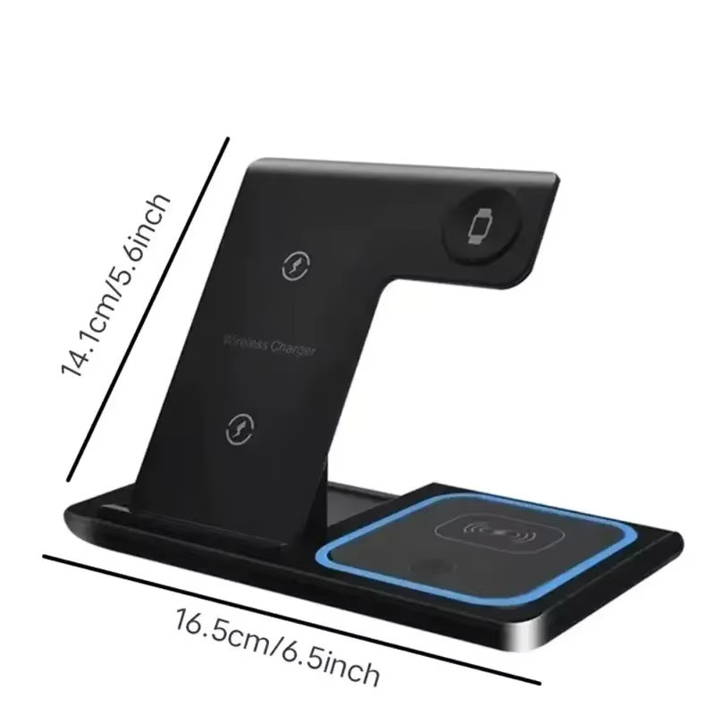 3-in-1 kabelloses Ladegerät mit LED-Licht und faltbarem Telefonständer für Apple iPhone, Apple Watch und AirPods in Schwarz - Bild 5