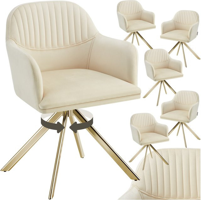tectake 6er Set Samt-Drehstühle Lona, gepolstert, 360 Grad drehbar, mit Stahlbeinen, Farbe: Beige Gold, B/T/H: 56 x 59 x 81 cm - Bild 1