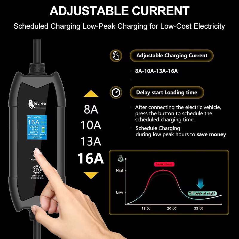 Feyree EV-Ladegerät Schwarz, tragbare Ladestation für Tesla-Fahrzeuge mit NACS-Ladestecker, 3,5 kW und 1,8-Zoll-LCD-Bildschirm mit Zeitverzögerungsfunktion - Bild 5