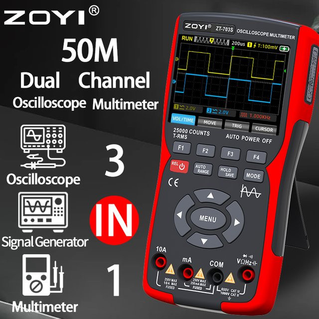 Zoyi 703s Multifunktions-Oszilloskop-Multimeter 3-in-1 mit Zweikanal-Farbbildschirm in Rot - Bild 1