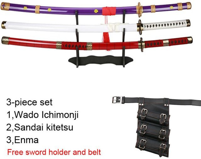 WXYFJSO One Piece Roronoa Zoro Dreiteiliges Katana-Set, Shusui Enma Kitetsu Schwerter, mit Ständer und Gürtel, Rot - Bild 1