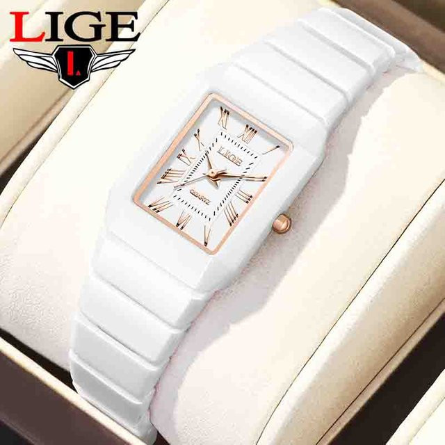 LIGE Armbanduhr Keramik, Quarz, Silber, Rechteckig, Damen - Bild 1