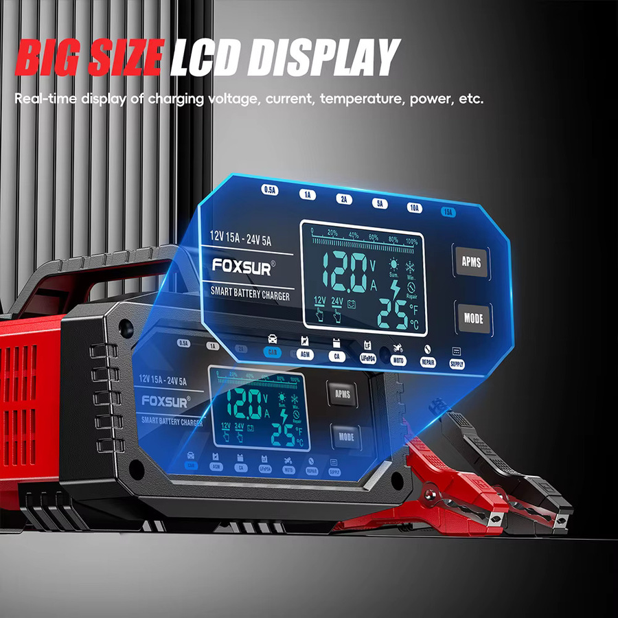 Vollautomatisches Autobatterieladegerät mit LCD-Display und Schutzfunktionen für 12 V/24 V in Schwarz - Bild 2