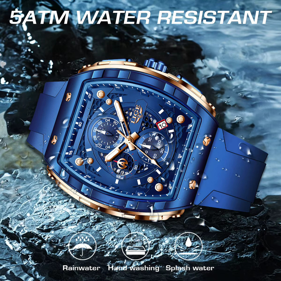 LIGE Chronograph Armbanduhr, Quarz, eckig, Silikon, Blau, Herren - Bild 2