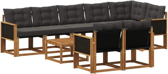 vidaXL Outdoor-Sofagarnitur L-Form aus massivem Akazienholz mit 9 Kissen in Schwarz und Natur - Bild 1