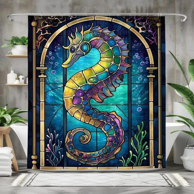 Dunika Chen Seepferdchen Duschvorhang mit Buntglas-Design in Multicolour, wasserdicht und schimmelresistent, B/H: 120 x 180 cm - Bild 1