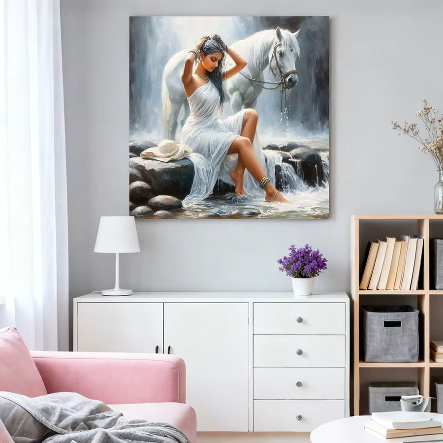 HUACAN Diamant-Malerei-Set Pferd und Frau Porträt mit Wasserfall-Landschaft als Mosaik-Wanddekoration, Mehrfarbig - Bild 3