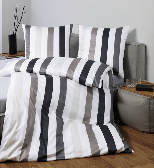 Janine Bettwäsche aus Mako-Satin mit Streifenmuster in Grau und Weiß, B/H: 155 x 220 cm und 80 x 80 cm - Bild 1