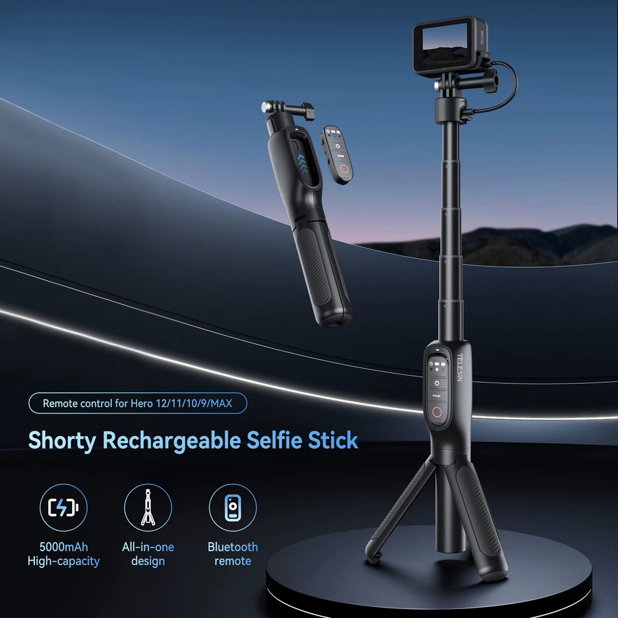 TELESIN Selfie Stick Stativ mit 360 Grad Rotation und 5000mAh Powerbank sowie Fernbedienung in Schwarz für GoPro Hero 13 12 11 10 9 MAX - Bild 2