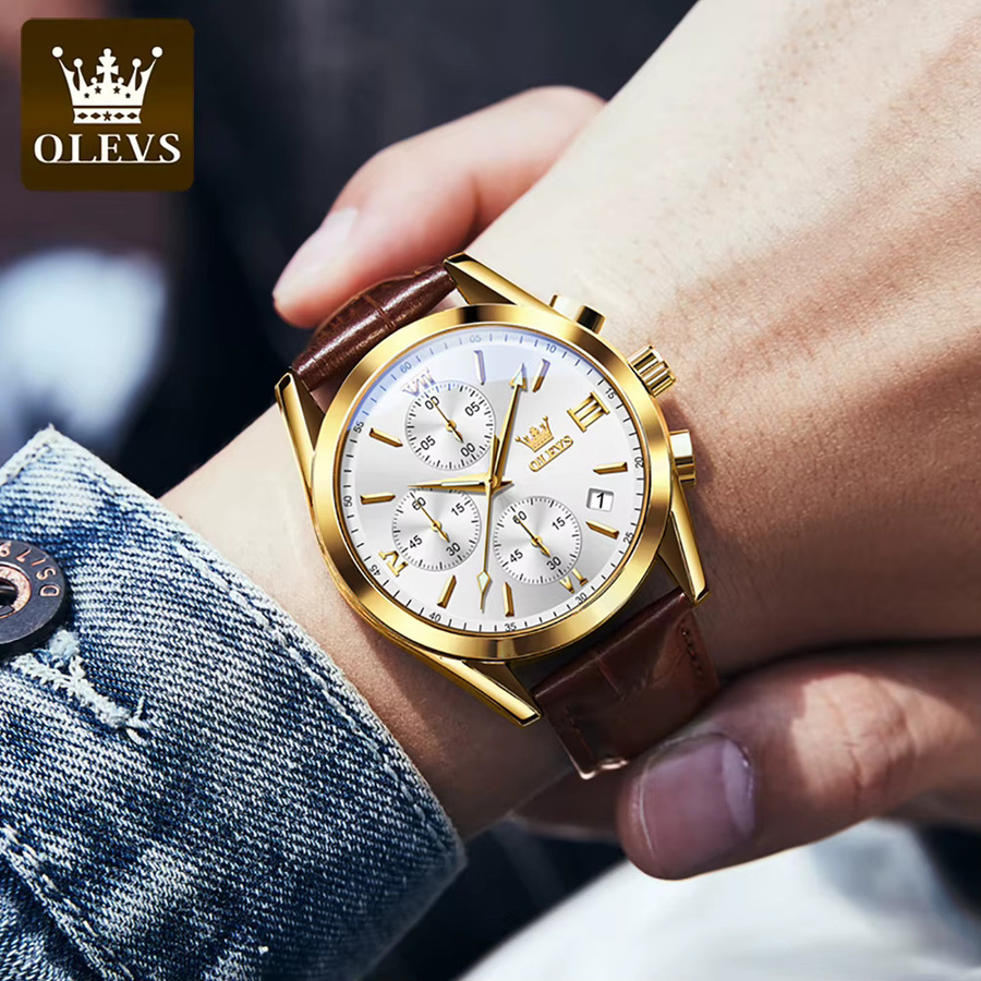 Olevs Chronograph Armbanduhr, Quarz, Leder, Gold, Herren - Bild 2