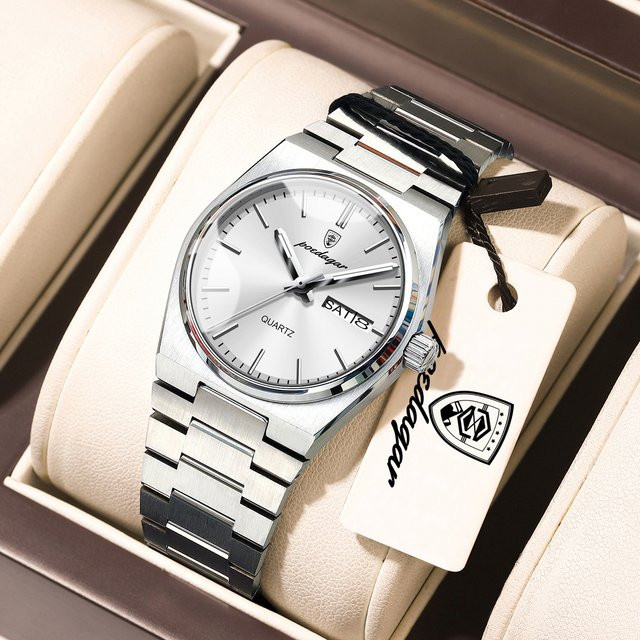 POEDAGAR Armbanduhr Edelstahl, Quarz, Silber, Damen, Datum, Wochentag - Bild 1
