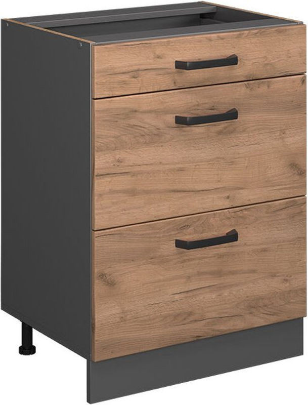 Küchenunterschrank Vicco R-Line in Eiche Natur mit 3 Schubladen, Breite: 60 cm, Höhe: 81,6 cm, Tiefe: 46 cm - Bild 1