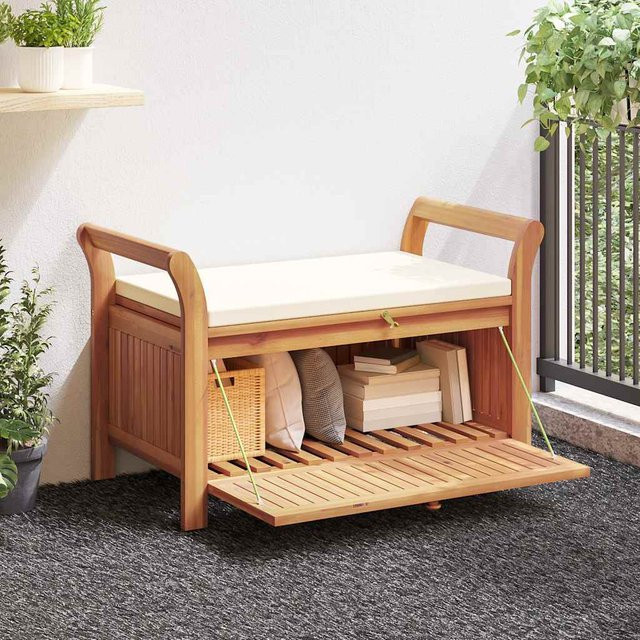 vidaXL Garten-Truhenbank aus Akazienholz mit Kissen und Armlehnen, Braun/Weiß - Bild 2
