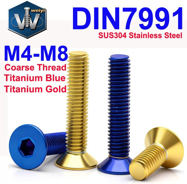 Weiyi Innensechskant-Senkkopfschrauben DIN7991 aus SUS304 Edelstahl, blau und gold beschichtet, M4 M5 M6 M8 - Bild 1