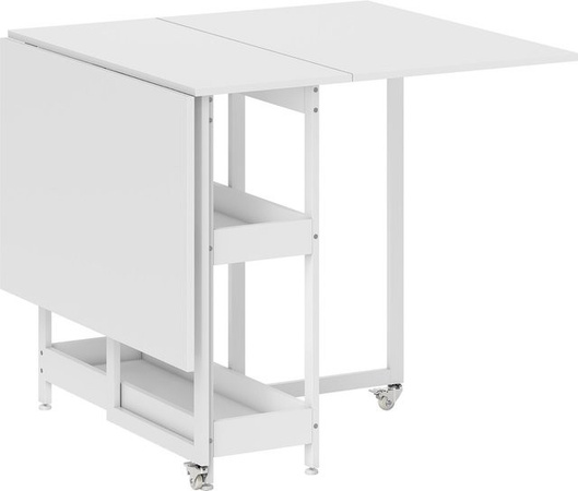 HOMCOM Klappbarer Esstisch mit 2 offenen Ablagen für 2-4 Personen, weißer Küchentisch mit ausklappbarer Tischplatte und Rollen, B/T/H: 133,4 x 80 x 75 cm