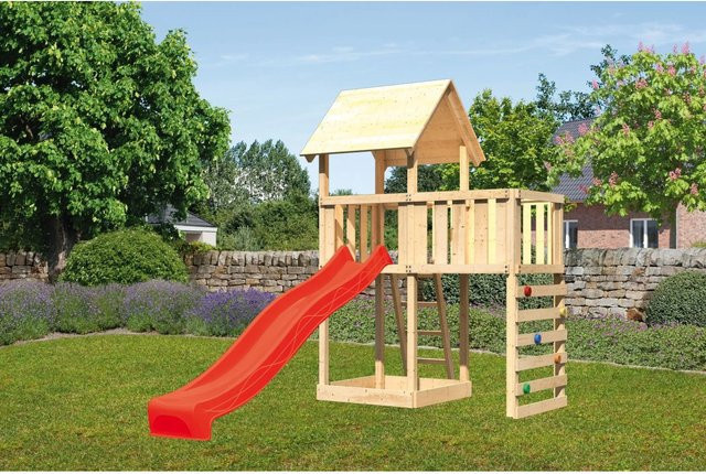 Karibu Spielturm Lotti mit Anbauplattform, Kletterwand und Rutsche in Rot - Bild 1