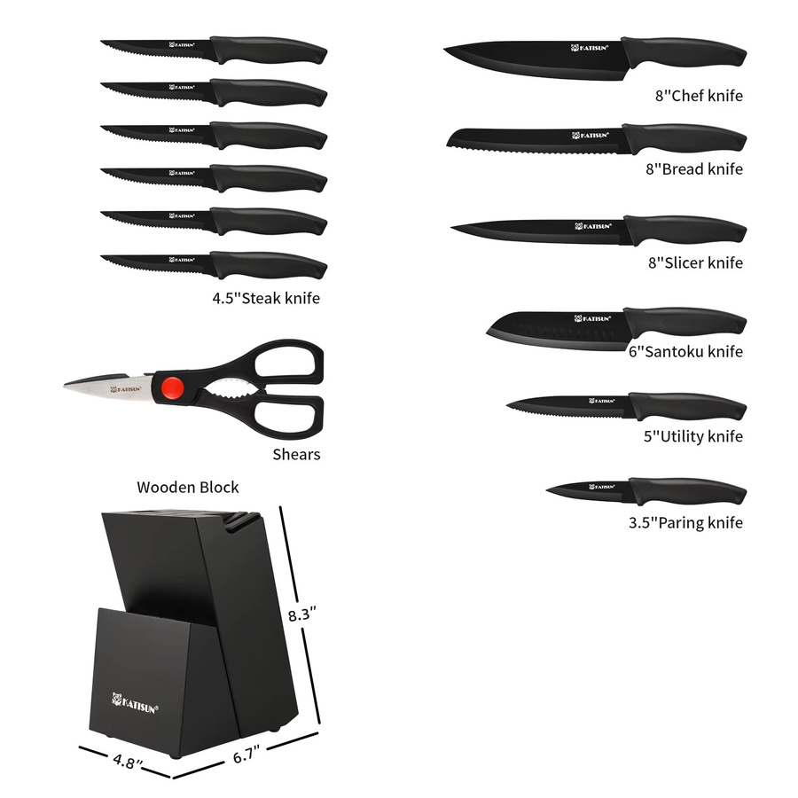 Katisun 15-teiliges Küchenmesser-Set in Schwarz mit rutschfestem Block, deutschem Stahl, Schneidebrett und Messerschärfer inklusive 6 Steakmessern - Bild 4