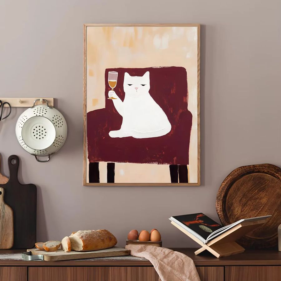 Matisse Stil Wandkunst Champagner-Katze als Poster in Rot und Burgunder für deine Neujahrs- und Winterdekoration - Bild 3