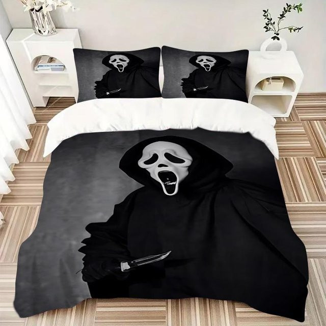 3er Set Ghostface Masken Bettwäsche mit Deckenbezug und Kissenbezügen in Schwarz, B/H: 155 x 200 cm - Bild 1