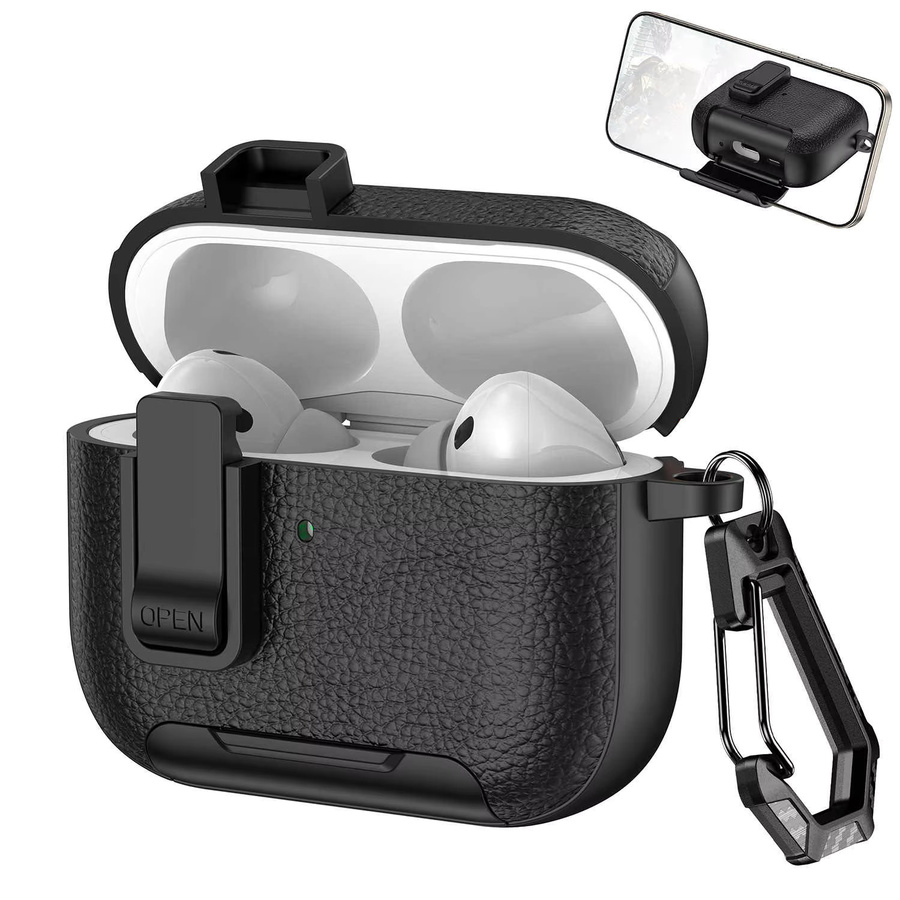 Apple AirPods Pro 3 Etui mit Litchi-Muster in Schwarz inklusive Schlüsselband und Anti-Verlust-Tasche - Bild 5