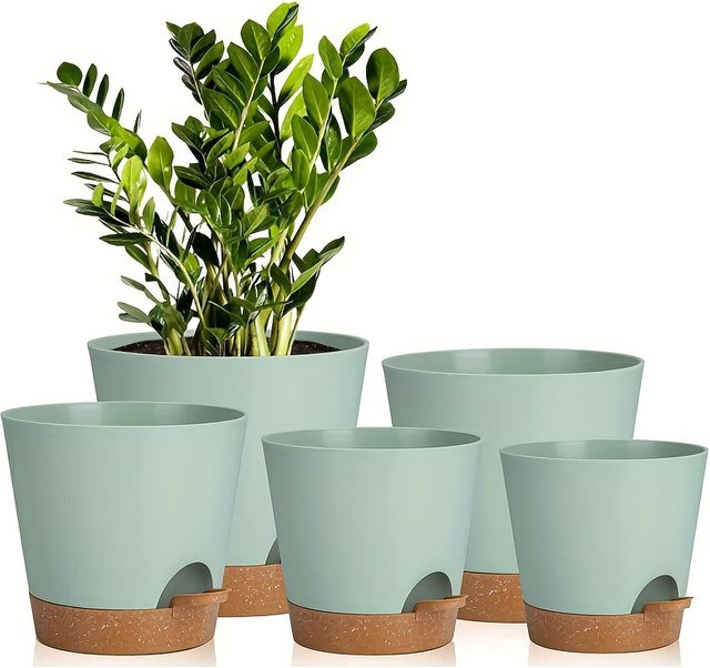 5er Set selbstbewässernde Pflanztöpfe aus Kunststoff mit Drainageloch in Grün, Durchmesser: 17,8 cm, 15,2 cm, 15,2 cm, 12,7 cm, 12,7 cm, 12,7 cm - Bild 1