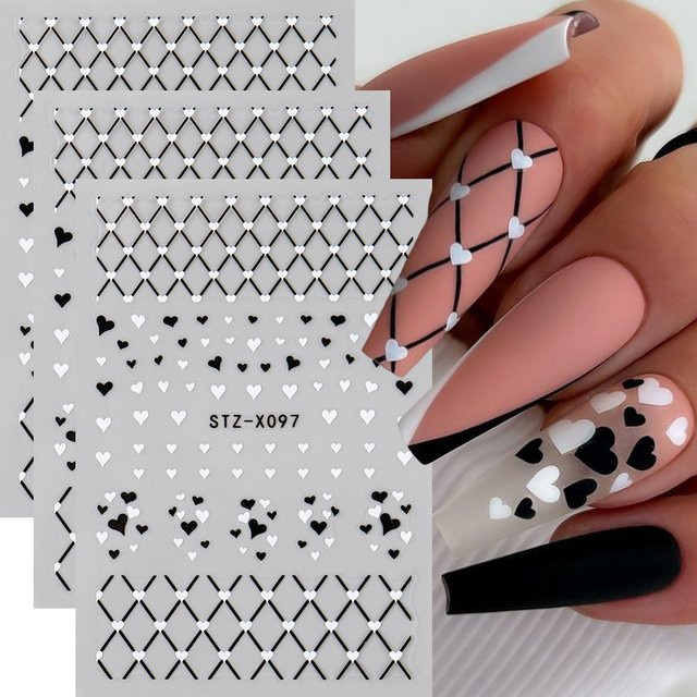 Full Beauty Nagelaufkleber, Schwarz Weiß, Herz und Grid, Matt, Unisex - Bild 1
