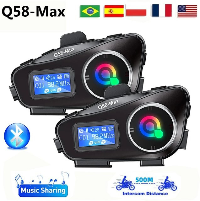 XINOWY Q58-Max Motorradhelm-Gegensprechanlage mit Bluetooth-Headset, LCD-Display und Taschenlampe, Schwarz, Reichweite 500 m für 2 Fahrer - Bild 1