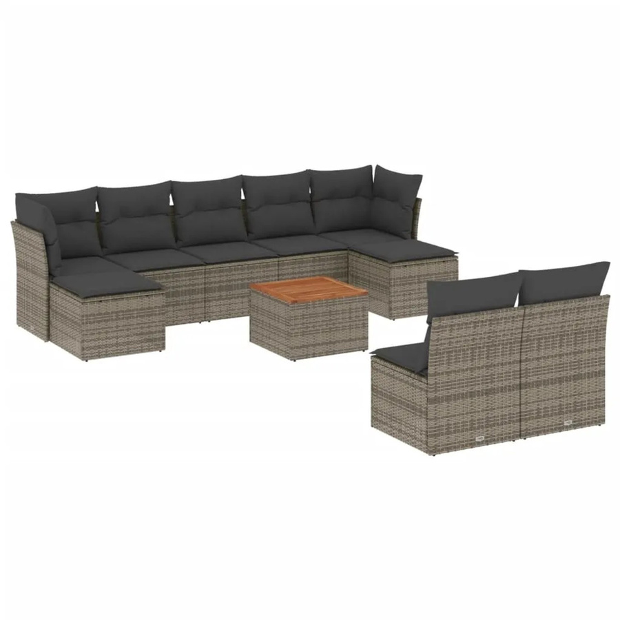 vidaXL 10-tlg Garten-Sofagarnitur aus Poly Rattan und Akazienholz in Grau mit Kissen Modell 51 - Bild 2