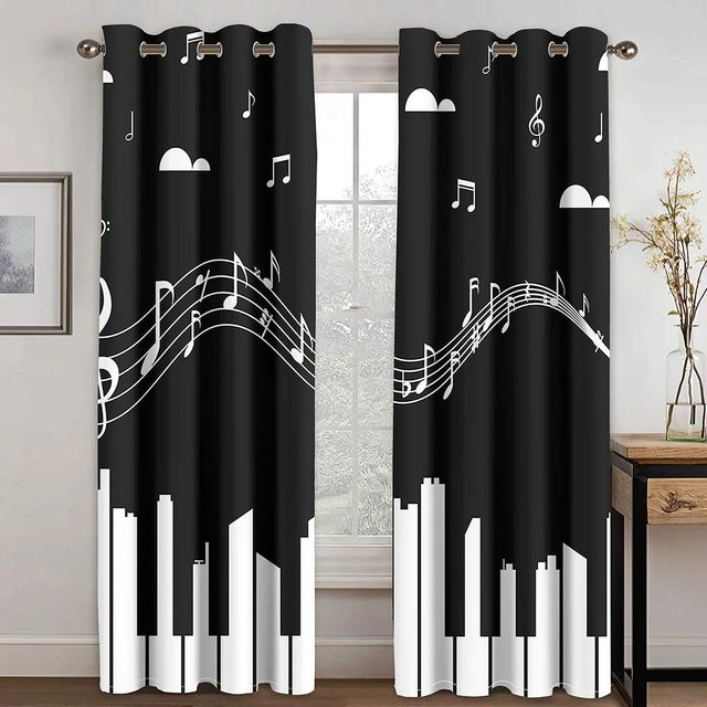 Verdunkelungsvorhang mit Musiknoten und Klaviermotiv von Yiran Furniture, Schwarz, Breite: 55 cm, Höhe: 120 cm - Bild 1